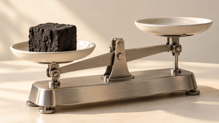 Conceptual balance with charcoal blocks illustrating allocation between two carbon accounts