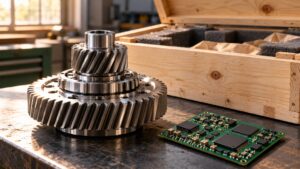 Machined automotive component and circuit board beside a protective shipping crate