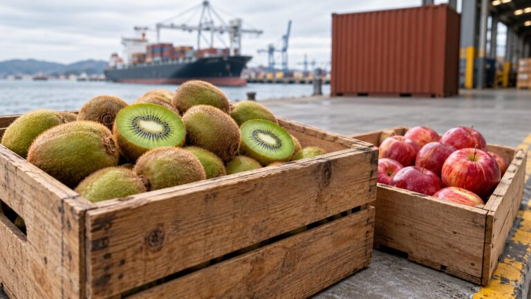 Illustrative export crates of kiwifruit and apples beside a harbor warehouse
