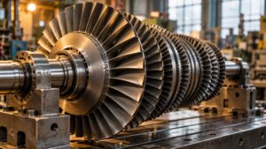 Illustrative close-up of a precision-machined turbine rotor in a workshop
