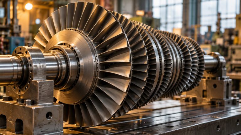 Illustrative close-up of a precision-machined turbine rotor in a workshop