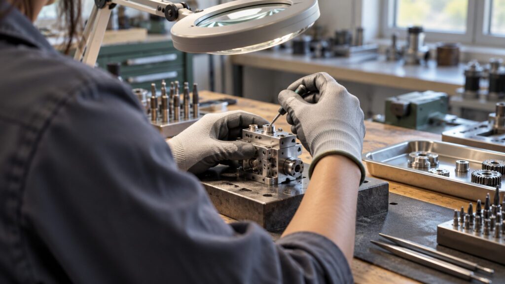 Illustrative precision-engineering learning scene with an anonymous trainee and mechanical assembly.