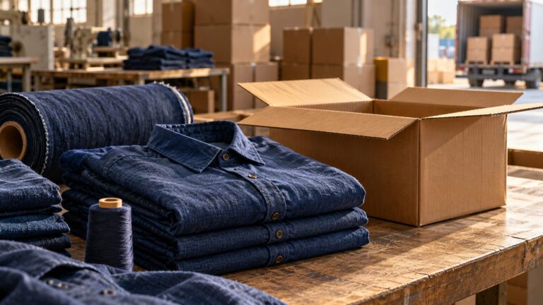 Illustrative textile export packing scene with folded indigo garments and plain shipping cartons