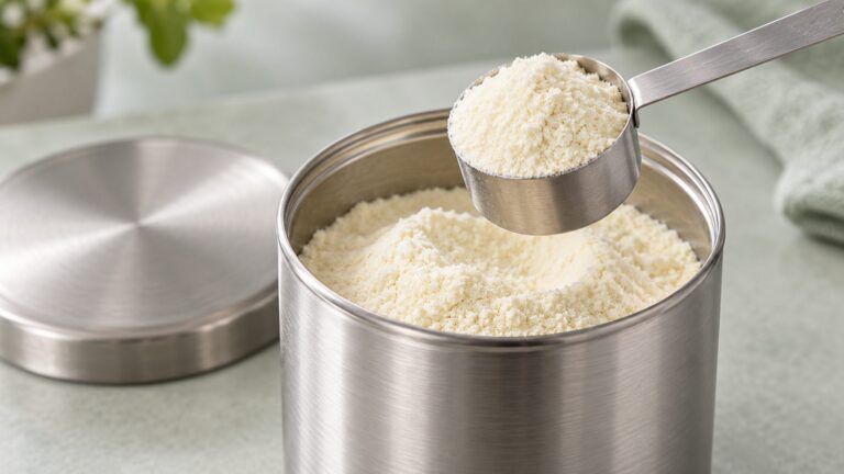 Plain metal scoop and unbranded container of infant nutrition powder