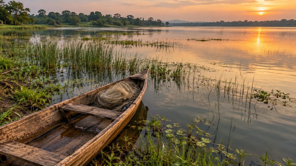 Illustrative wooden canoe and fishing net beside reeds on a freshwater lake at sunset