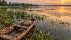 Illustrative wooden canoe and fishing net beside reeds on a freshwater lake at sunset