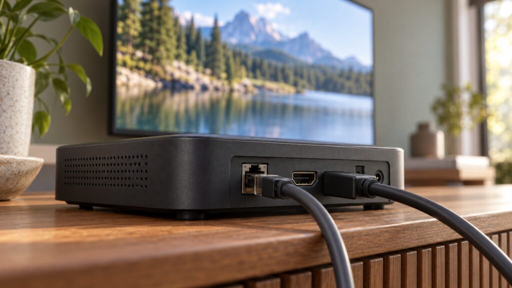 Illustrative IPTV receiver connected to network and television cables