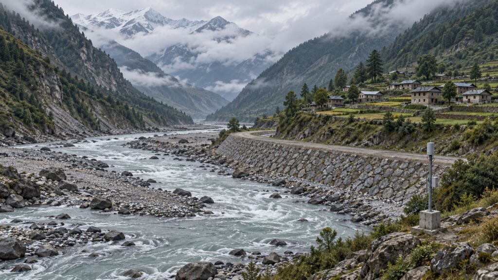 Illustrative mountain river valley with a settlement, flood embankment and river monitoring mast