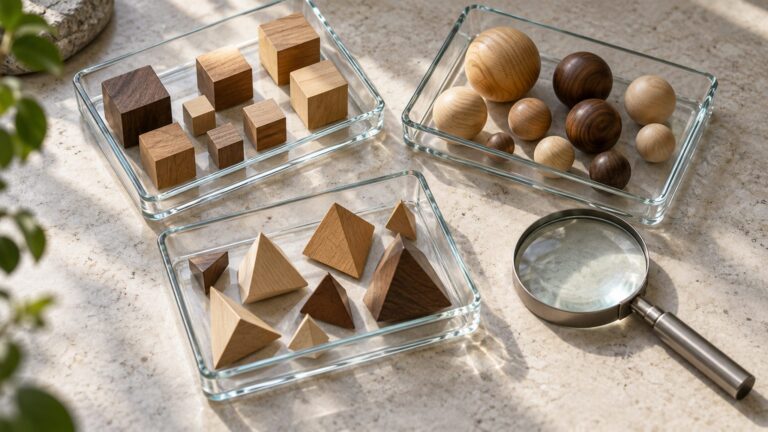 Wooden sample shapes sorted into clear glass trays beside a magnifying lens, a conceptual illustration of analytical capability