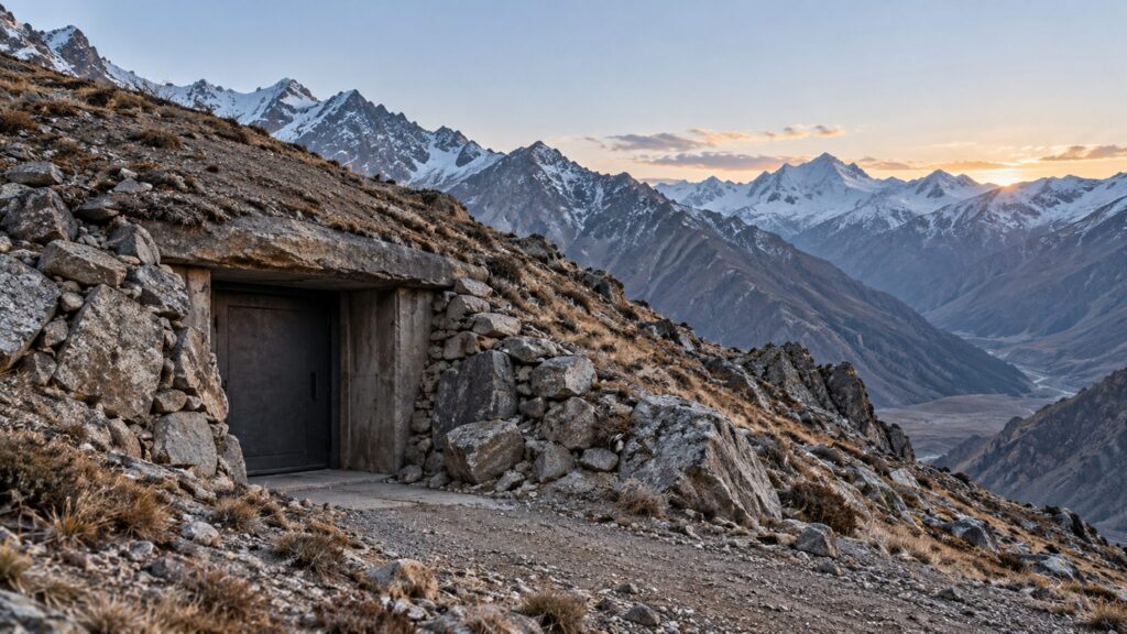 Conceptual illustration of an earth-covered shelter entrance in a rocky mountain landscape