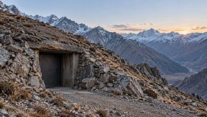 Conceptual illustration of an earth-covered shelter entrance in a rocky mountain landscape