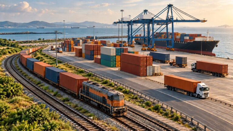 Illustrative coastal freight terminal connecting container handling, rail tracks and a truck access road