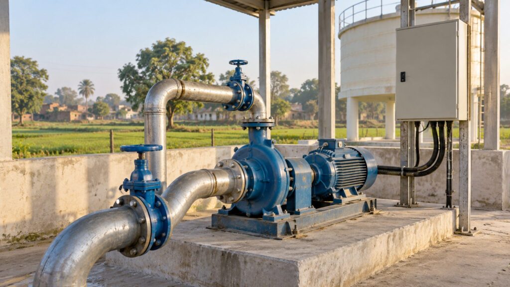 Illustrative rural water pump with connected pipes and a distant elevated water tank