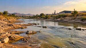 Illustrative semi-arid river landscape with shallow water and distant industrial buildings
