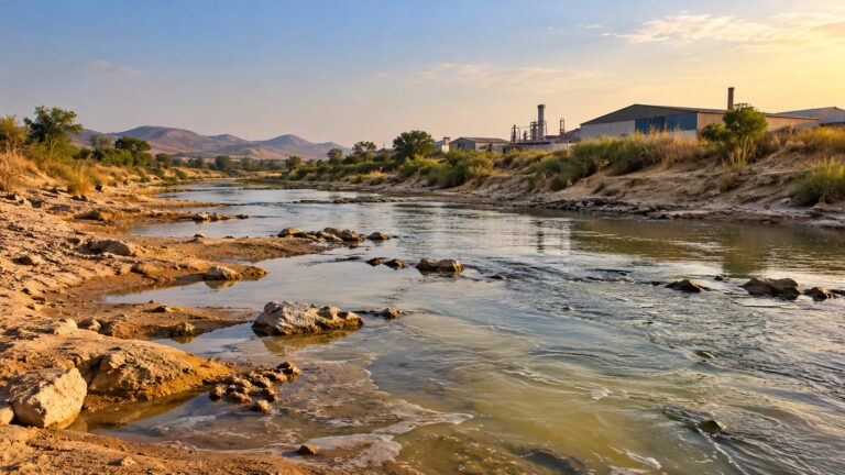 Illustrative semi-arid river landscape with shallow water and distant industrial buildings
