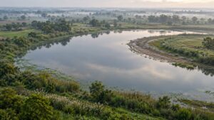 Illustrative oxbow wetland surrounded by reeds and cultivated alluvial land