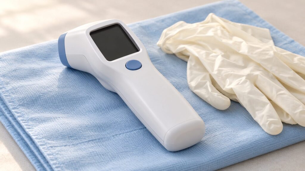 Unmarked contactless clinical thermometer with disposable gloves on pale blue cloth
