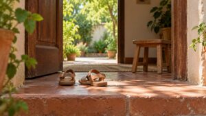 Conceptual household doorway with small sandals and an empty wooden stool