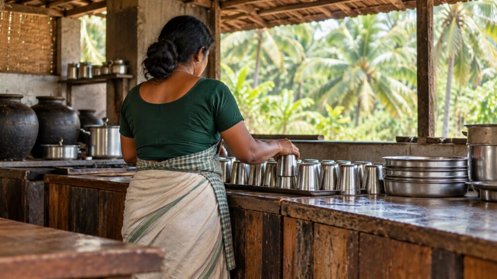 Illustrative rear view of a woman arranging clean metal tumblers at a modest hospitality counter