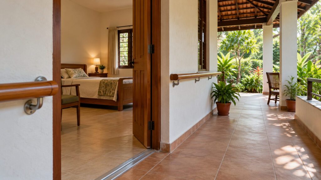 Illustrative accessible elder-care corridor with a continuous handrail and broad passage toward a courtyard