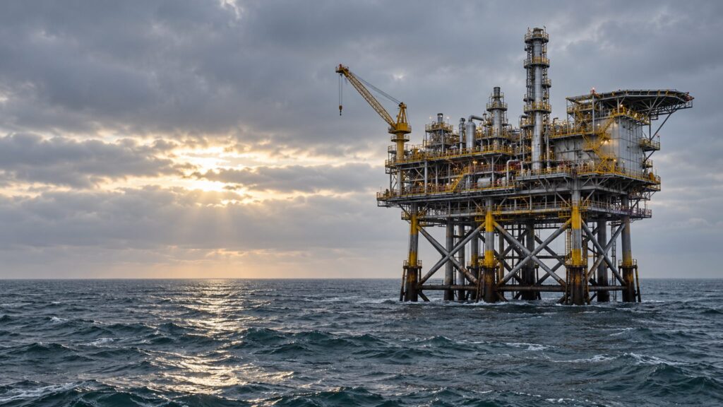 Illustrative offshore gas production platform with steel supports and processing decks above an open sea