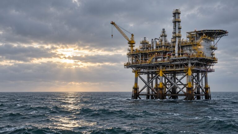 Illustrative offshore gas production platform with steel supports and processing decks above an open sea