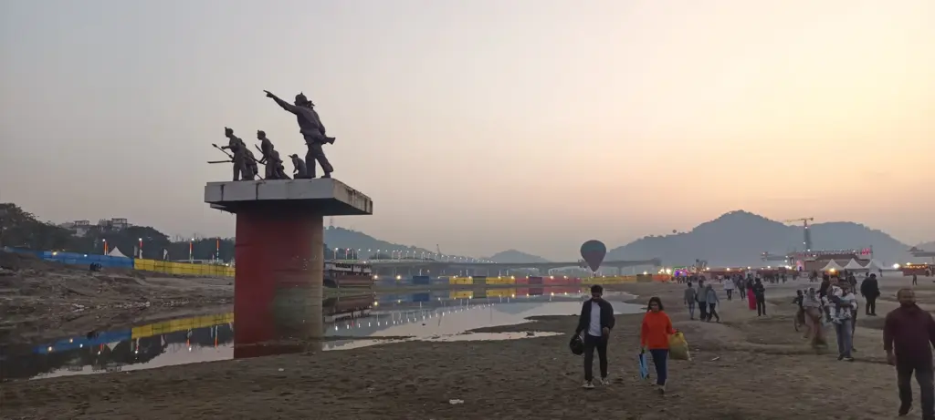 A statue group of Lachit Borphukan and his soldiers on a pedestal at Lachit Ghat on the Brahmaputra in Guwahati.