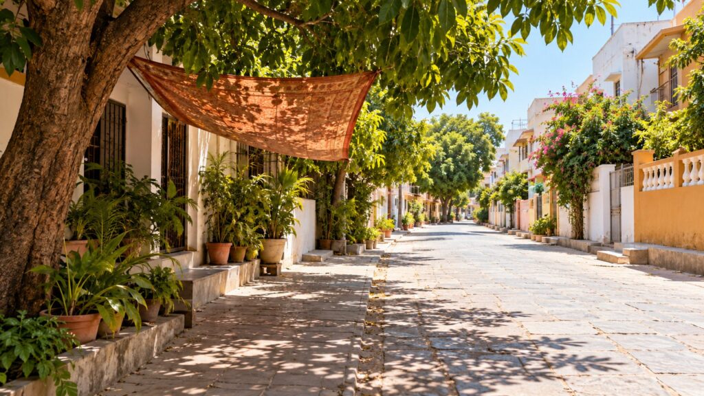 Illustrative sunlit residential street with tree and canopy shade along a pedestrian edge.