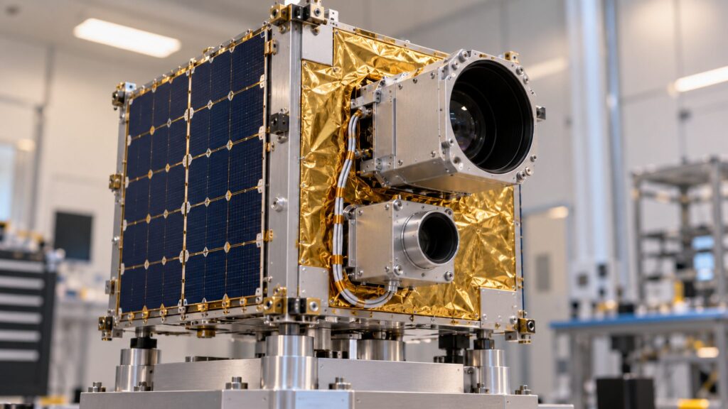 Illustrative small satellite model with solar cells and compact optical instrument housings