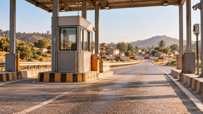 Illustrative view of a highway fee-plaza lane and barrier near a roadside settlement.