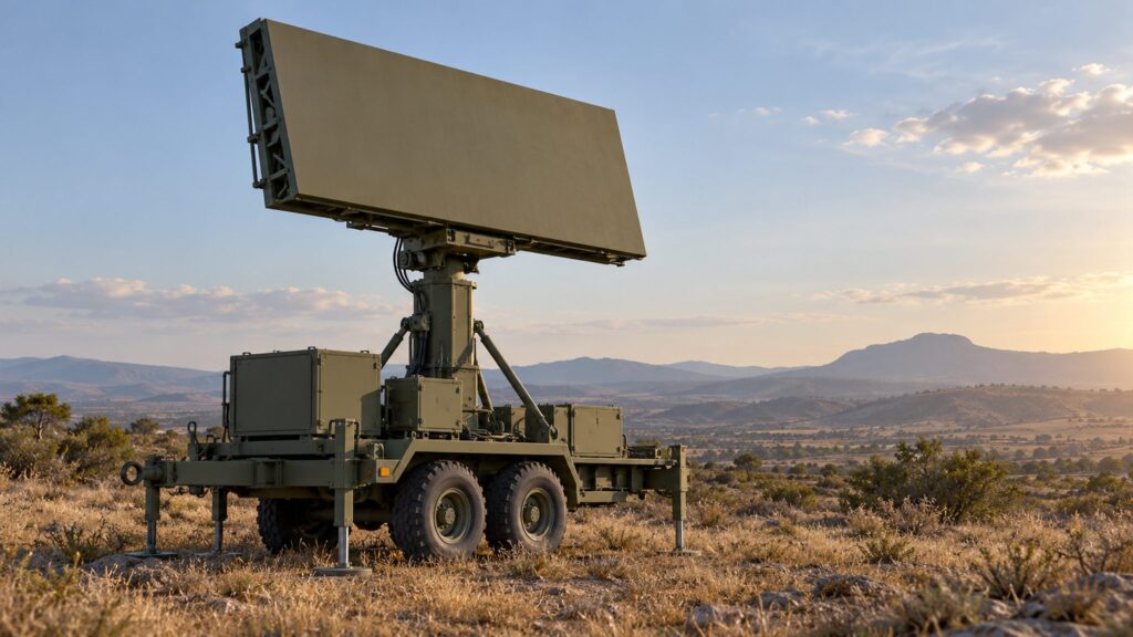 Illustrative unmarked mobile radar antenna on a field trailer overlooking open terrain.