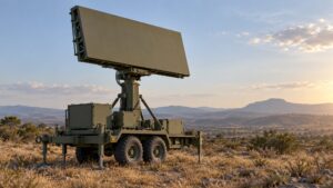 Illustrative unmarked mobile radar antenna on a field trailer overlooking open terrain.