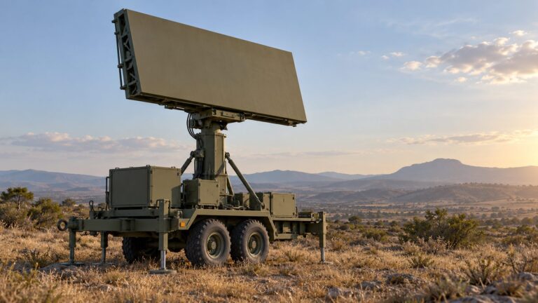 Illustrative unmarked mobile radar antenna on a field trailer overlooking open terrain.