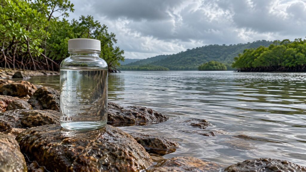 Illustrative unmarked water sample bottle beside a tropical estuary and mangroves