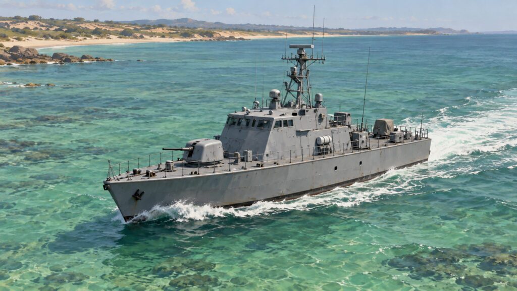 Conceptual illustration of a representative coastal naval craft in shallow water