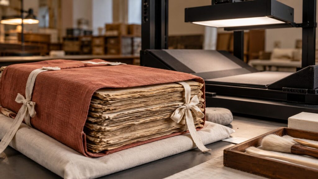 Illustrative covered manuscript folios beside non-contact scanning equipment.
