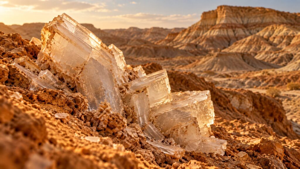 Illustrative gypsum crystal cluster in dry sediment with an arid landscape behind it
