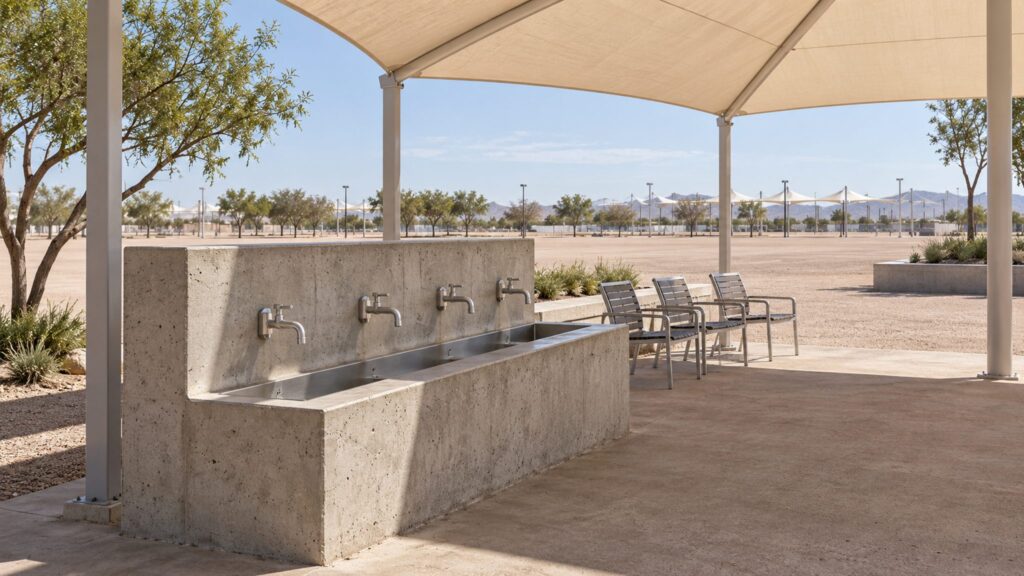 Illustrative shaded drinking-water station and resting chairs beside an open outdoor gathering space