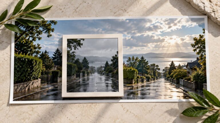 Contrasting framed views of the same street in a conceptual photo collage