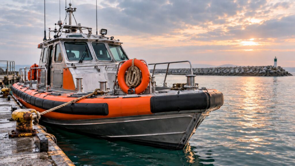 Illustrative unbranded rescue launch with safety equipment at a coastal jetty