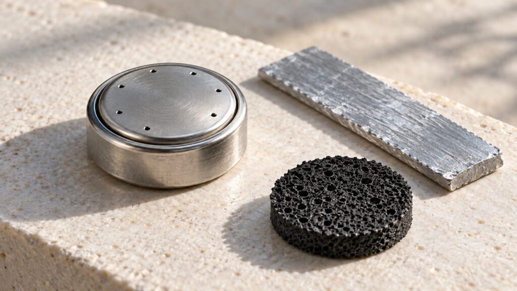 Illustrative still life of an unbranded zinc-air cell, zinc strip and porous electrode material