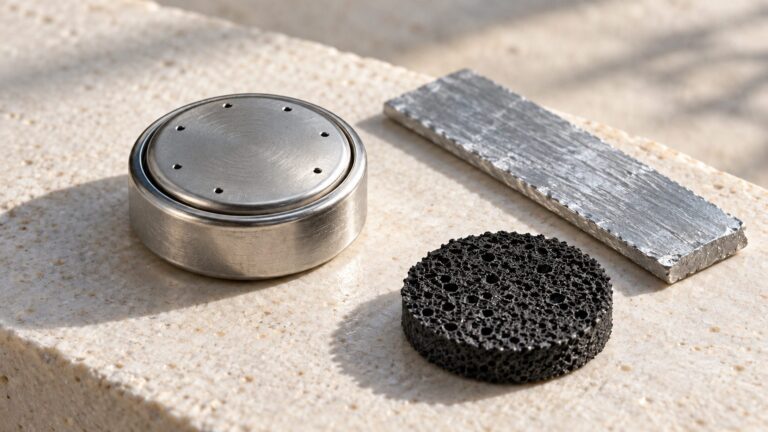 Illustrative still life of an unbranded zinc-air cell, zinc strip and porous electrode material