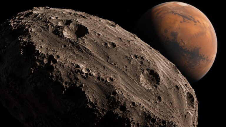 Conceptual illustration of irregular, cratered Phobos with Mars in the distance