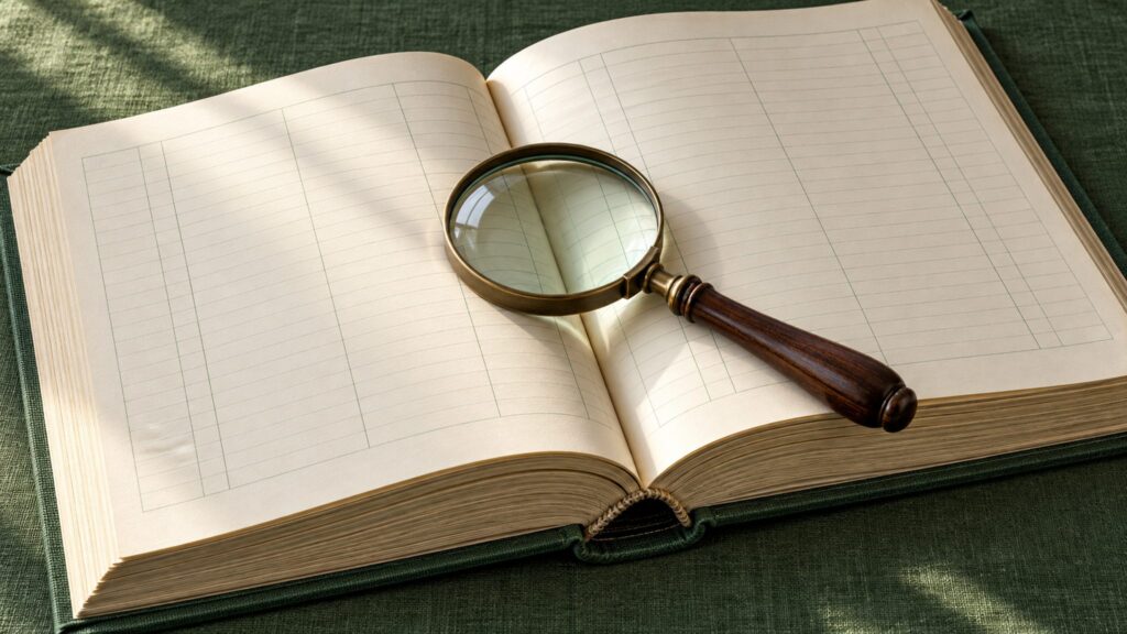 Conceptual ledger and magnifying glass illustrating scrutiny of cooperative financial records