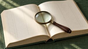 Conceptual ledger and magnifying glass illustrating scrutiny of cooperative financial records