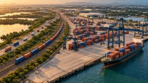 Illustrative container port with a cargo ship, cranes, freight railway and road connections