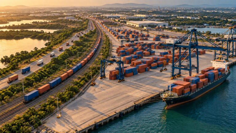 Illustrative container port with a cargo ship, cranes, freight railway and road connections