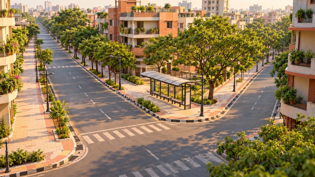 Illustrative urban street junction with drainage kerbs, a bus stop, trees and surrounding buildings