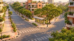 Illustrative urban street junction with drainage kerbs, a bus stop, trees and surrounding buildings