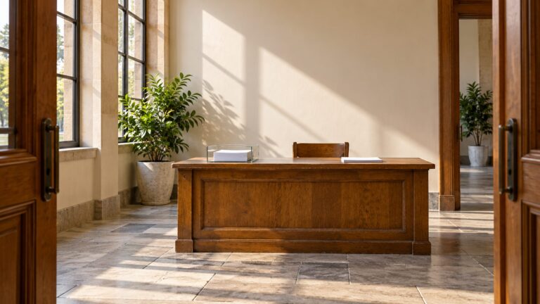 Illustrative empty municipal filing counter with a closed service grille